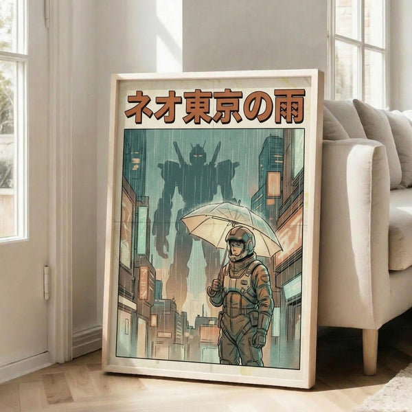 May include: Framed anime-style poster showing armored figure with umbrella walking through rainy neo-Tokyo street with giant mecha silhouette looming in background, displayed in bright living room with beige sofa, white walls, and large windows casting natural light across wooden floors.