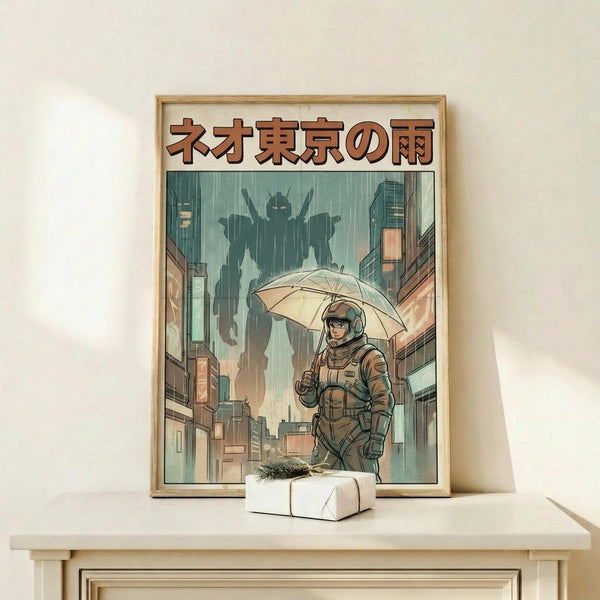 May include: Framed poster displaying anime-style artwork of an astronaut holding a white umbrella in rainy futuristic city street, with giant mecha robot silhouette looming in background among tall buildings. Japanese text header in orange letters. Artwork features muted teal, orange and brown color palette with rain effects. Natural wood frame sits on light wooden shelf next to small white wrapped gift with dried grass sprig.