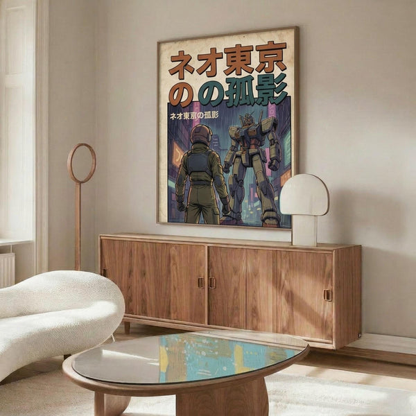 May include: Framed poster featuring anime-style scene with soldier in green uniform facing large mecha robot in futuristic Neo Tokyo cityscape at night, displayed on wooden credenza in modern living room with white curved chair, brass floor lamp, oval glass coffee table, and soft natural lighting