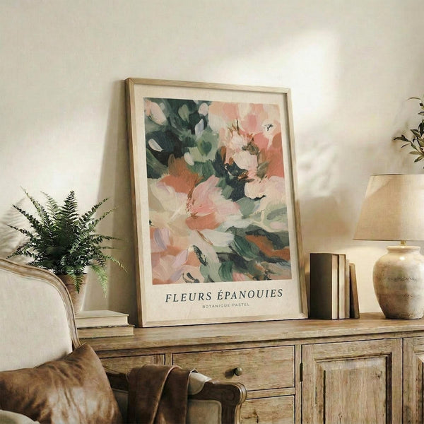 May include: Framed botanical art print with abstract painted flowers in soft pink, coral, and sage green tones displayed on rustic wooden sideboard alongside fern plant, stacked books, and ceramic vases in neutral home setting with cream walls and upholstered furniture.