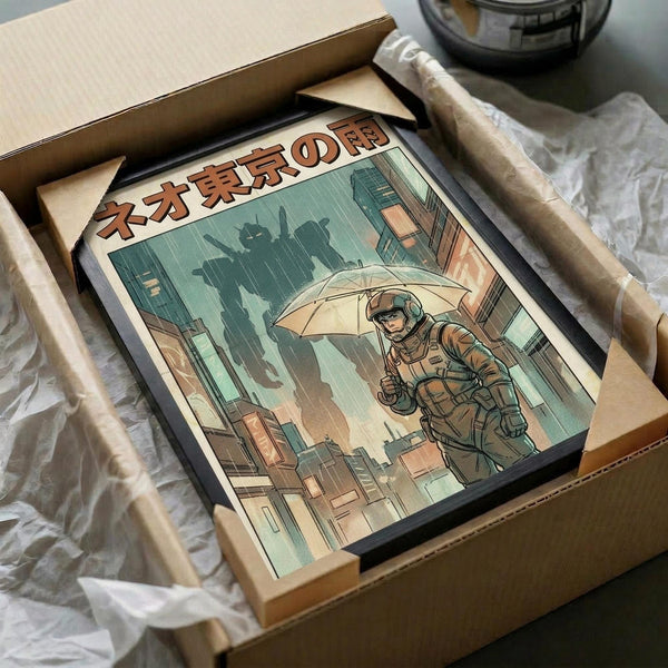 May include: Framed vintage-style poster featuring an astronaut with umbrella walking through a rainy futuristic city with towering buildings and giant mecha silhouettes in the background. Japanese text at top in red lettering. Artwork has retro sci-fi aesthetic with muted greens, browns, and orange tones. Black frame sits in opened cardboard shipping box with protective tissue paper wrapping, photographed on white fabric surface.