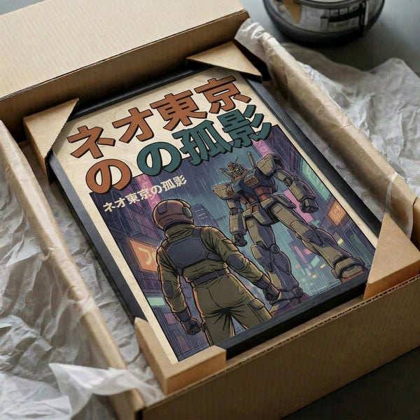 May include: Framed anime-style poster featuring two armored figures in a rainy cyberpunk cityscape with neon lighting, displayed in black frame inside cardboard shipping box with protective packaging materials on wooden surface