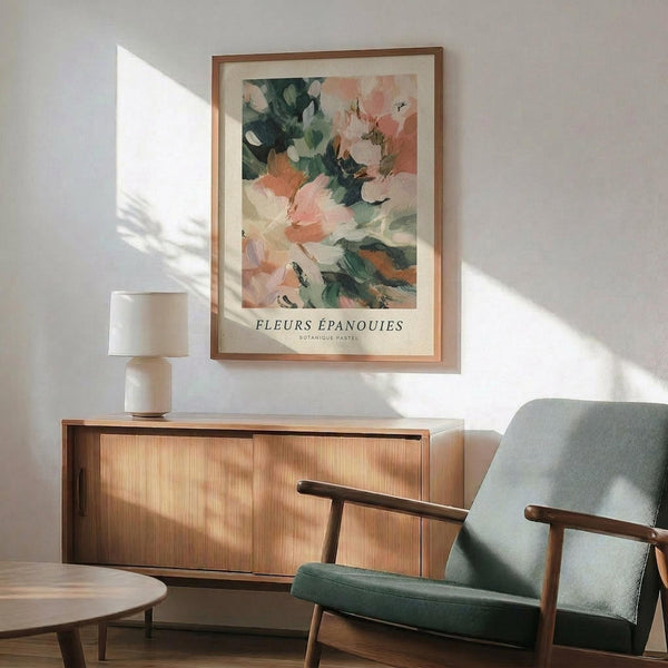 May include: Framed botanical art print with abstract pastel flowers in coral, pink, and green tones hanging above a wooden sideboard. Mid-century modern living room setting with sage green upholstered armchair, white ceramic table lamp, and natural sunlight casting shadows on white wall.