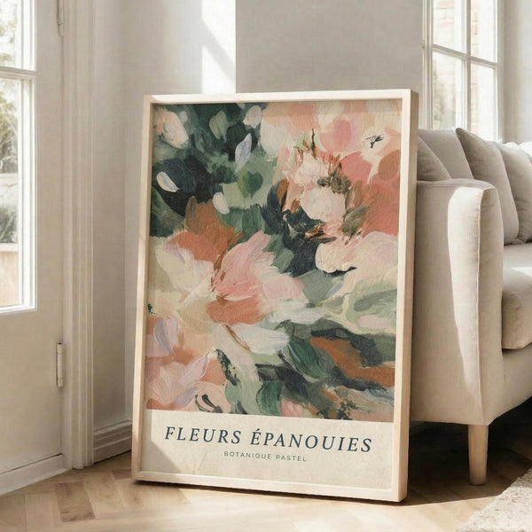 May include: A framed abstract floral art print leaning against a white wall next to a beige upholstered chair. The artwork features loose, painterly brushstrokes in soft pink, coral, sage green, and cream tones suggesting blooming flowers. The piece has French text at the bottom and is displayed in a light wood frame. Natural sunlight streams through nearby windows onto hardwood floors.