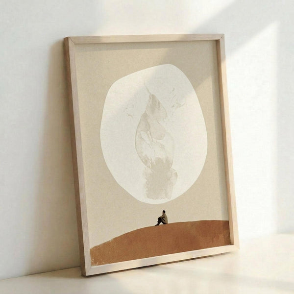 May include: A framed poster print leaning against a white wall on a light surface. The artwork features a minimalist surreal scene with a large pale moon or circular form dominating the upper portion against a cream background. Below, a small silhouetted figure sits on rolling terracotta-colored hills or dunes. The print is displayed in a simple light wood frame with clean lines.