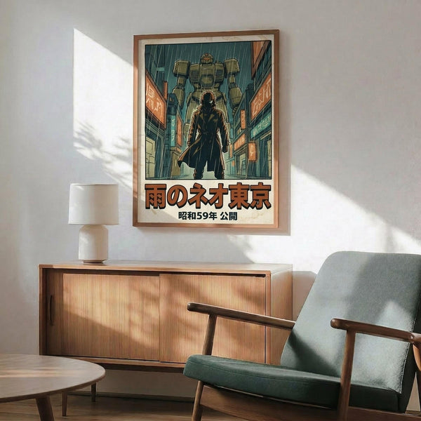 May include: Framed poster showing a silhouetted figure standing in a rainy cyberpunk alley with a large mech robot looming overhead, featuring teal and orange neon colors with Japanese text below. The artwork is displayed above a mid-century modern wooden credenza with a white table lamp, next to a mint green upholstered armchair in a bright, minimalist living room with white walls and natural sunlight streaming across the space.