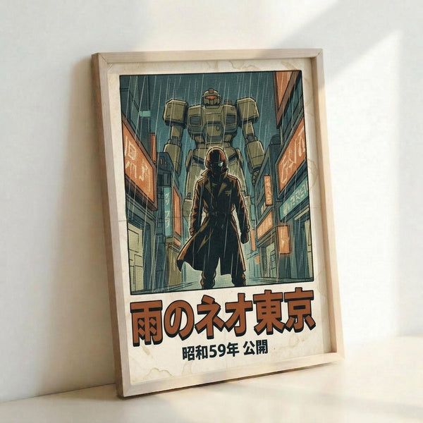 May include: Framed poster print leaning against white wall showing anime-style illustration of hooded figure walking down rainy city street with large mech robot looming overhead between tall buildings. Japanese text at bottom in orange letters. Light wooden frame, muted teal and orange color palette with cyberpunk aesthetic.