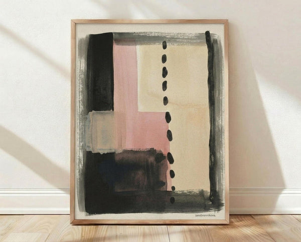 May include: Abstract modern art print in light wood frame leaning against white wall on wooden floor. Artwork features soft rectangular color blocks in pink, cream, and beige tones with bold black brushstrokes forming borders and a vertical line of black dots down the center. Painterly composition with layered translucent washes and gestural marks creates contemporary minimalist aesthetic.