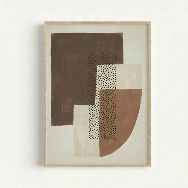 Abstract geometric artwork with overlapping shapes in earthy brown, cream, and rust tones. Features dotted stippling pattern throughout various organic forms including curved and angular elements. Displayed in light wood frame against white wall background in minimalist setting.