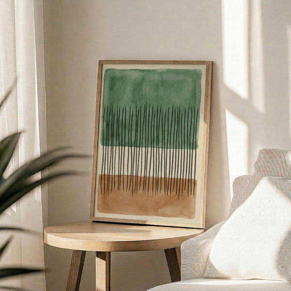 May include: Abstract watercolor artwork in wooden frame displaying green wash at top flowing into vertical brushstrokes in green, white, and brown earth tones. Frame sits on round wooden side table next to beige upholstered chair with white throw pillow. Plant leaves visible in corner, soft natural lighting creates shadows on cream wall.