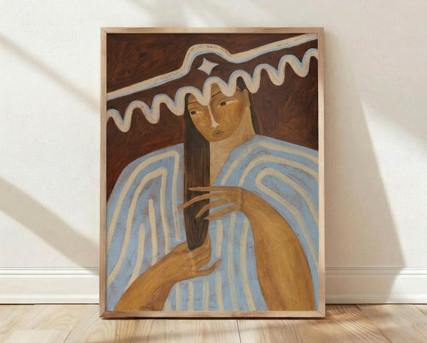 May include: Framed art print leaning against white wall on light wood floor. The artwork shows a figure in blue and white striped clothing holding a dark object, painted in an Art Deco-influenced style with warm brown background and flowing white decorative elements above. Natural lighting creates soft shadows on the textured wall behind the thin wooden frame.