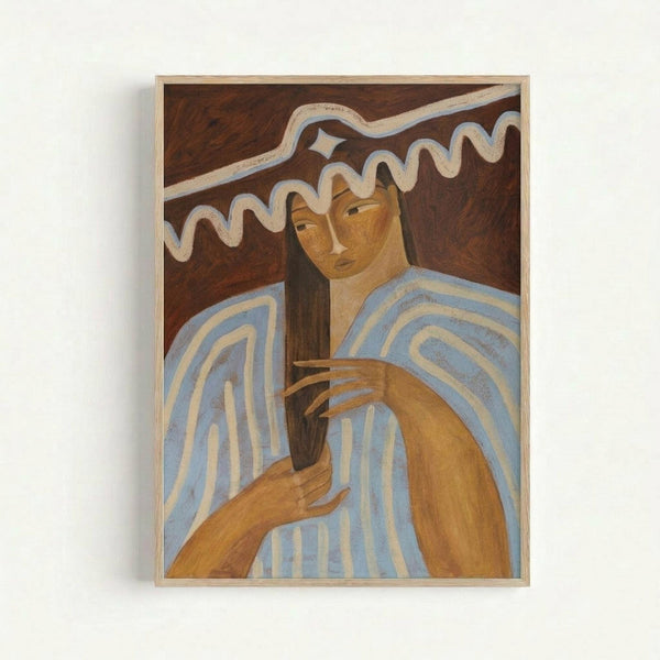 Stylized portrait painting of a woman with long dark hair holding a wooden flute or recorder. She wears blue and white striped clothing against a rich brown background with decorative white curved lines flowing above her head. The artwork features warm earth tones with blue accents and has a folk art or traditional painting style. Displayed in a simple light wood frame against a white wall.