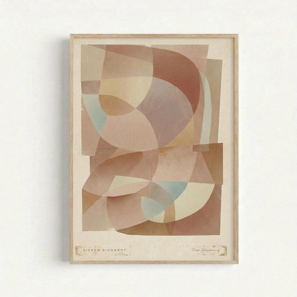 Framed abstract geometric art print with overlapping translucent circles and curved shapes in warm earth tones including terracotta, sage green, cream, and muted yellows. The minimalist composition features layered organic forms creating depth through transparency effects. Displayed in a natural wood frame with white matting against a neutral background, with "Sissan Richardt" and "New Harmony" text visible at the bottom of the print.