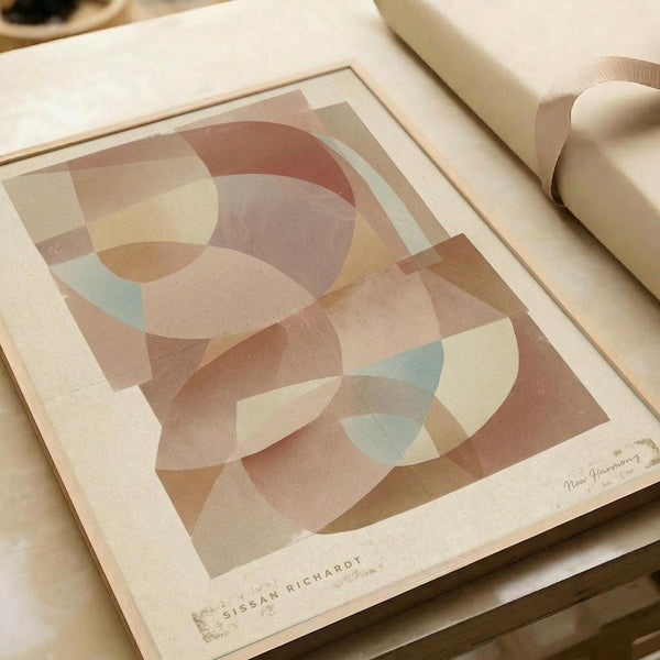 Abstract geometric art print with overlapping circles and curved shapes in warm earth tones of terracotta, sage green, cream, and muted browns. The composition features translucent layered forms creating a harmonious, mid-century modern aesthetic. Print sits on neutral papers with rolled paper tube visible, showing fine art paper texture and clean white border framing the artwork.
