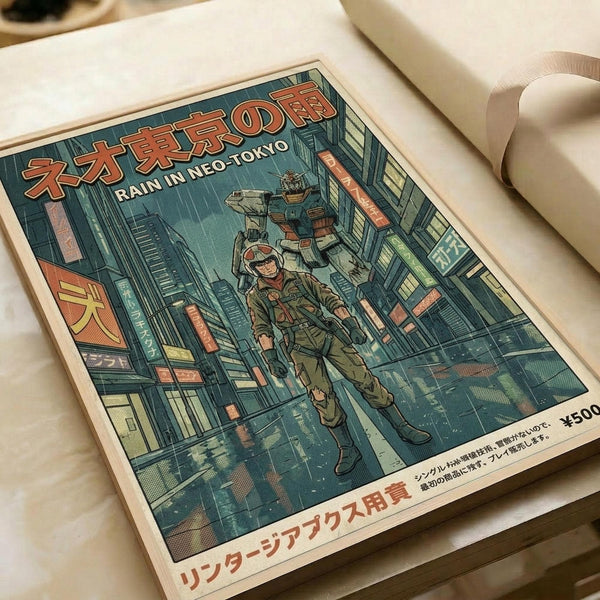 A vintage-style poster featuring a mecha robot and pilot walking through a rainy cyberpunk cityscape with neon signs and towering buildings. The artwork uses muted blue-green tones with orange and red accents, displayed on cream paper with Japanese text at the top and bottom. The poster lies flat on a white surface next to rolled paper tubes, showing detailed comic book-style illustration with visible halftone printing texture.