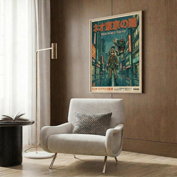 May include: Japanese-style anime poster featuring armored figure in futuristic cityscape with tall buildings and neon signs, displayed in light wood frame on wood paneled wall above cream upholstered chair with geometric patterned pillow, brass floor lamp and dark round side table with open book nearby
