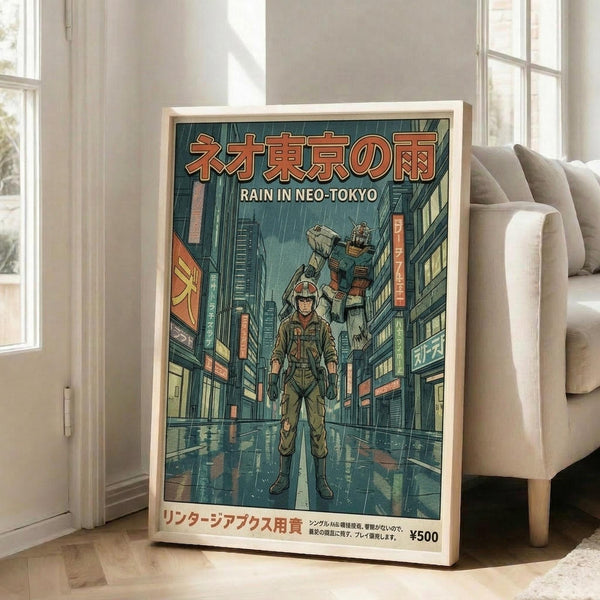 May include: Framed poster print in light wood frame leaning against white wall next to beige sofa in bright living room with windows. Artwork shows anime-style soldier in military gear standing on rain-soaked Neo-Tokyo street with tall buildings, neon signs, and large mech robot in background. Teal and orange color palette with vintage Japanese poster aesthetic.