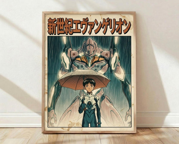 May include: Framed anime poster displayed on wooden floor against white wall. Shows character in blue bodysuit holding umbrella in rain with large mecha robot behind them. Japanese text at top in orange letters. Artwork has teal and orange color scheme with dramatic lighting effects. Natural wood frame with visible grain pattern.