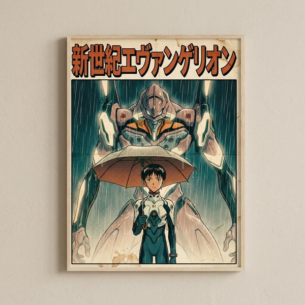 May include: Framed anime-style poster hanging on beige textured wall showing young pilot character in blue and white suit holding umbrella in rain, with large mecha robot looming behind. Japanese text at top in orange letters. Artwork has vintage illustrated look with teal and brown tones. Natural wood frame visible around edges.