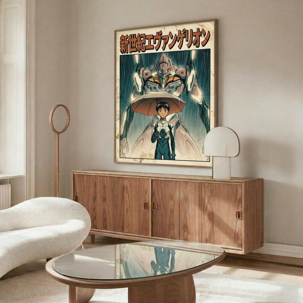 May include: Framed anime poster featuring a young character with umbrella standing before a large mecha robot in rain, displayed above a mid-century modern walnut credenza in a minimalist living room with white walls, cream chair, glass coffee table, and warm natural lighting.