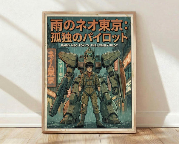 May include: Framed poster print leaning against white wall on light wooden floor. Artwork shows anime-style pilot in military gear standing beside large green mecha robot on rainy city street. Japanese text at top, English subtitle below. Vintage poster aesthetic with muted green, orange and teal colors. Natural wood frame, soft shadows from window light.