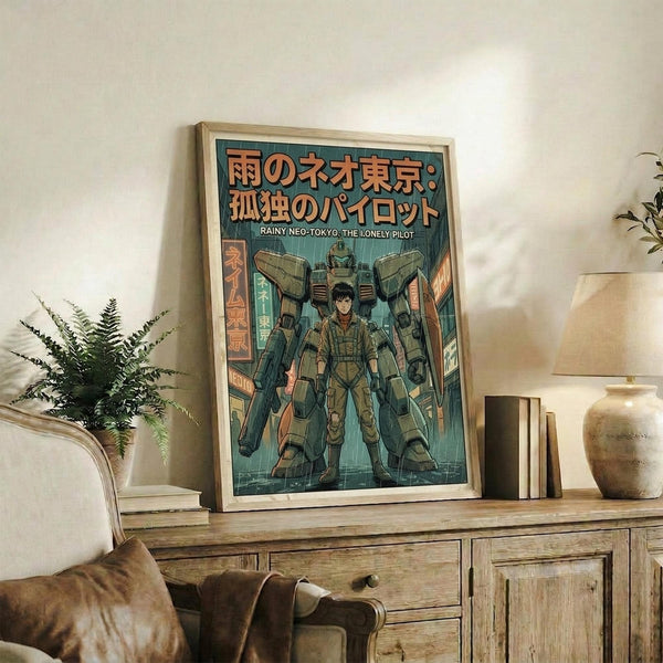 May include: Framed poster featuring an anime-style illustration of a pilot character standing in front of a large green mech robot in a futuristic cityscape with Japanese text at the top, displayed on a rustic wooden sideboard next to a fern plant, ceramic vase, and books in a cozy living room setting with beige chair visible