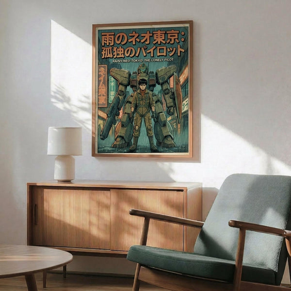 May include: Framed anime-style poster featuring a pilot character standing before a large green mecha robot in a futuristic cityscape setting with Japanese text, displayed above a wooden sideboard with white ceramic lamp in a mid-century modern living room with teal upholstered chair and round coffee table, natural sunlight creating shadows on white walls.