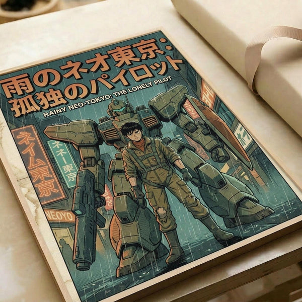 May include: Anime-style poster print displayed on white bedding showing a pilot character in military gear standing in a rainy cyberpunk cityscape with large mecha robots. The artwork features teal and orange colors with Japanese text at the top. The poster appears to have a vintage manga aesthetic with detailed linework and is shown as part of a bedroom scene mockup.