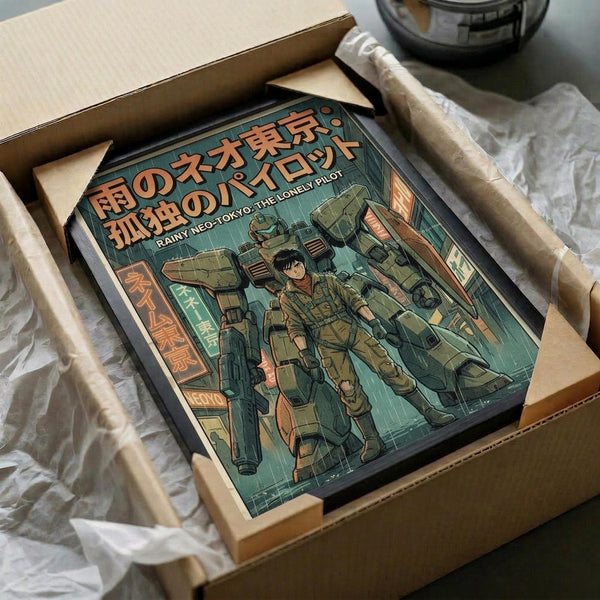 May include: Framed poster print in wooden box with protective packaging showing cyberpunk-style artwork featuring a pilot character surrounded by green mecha robots in a rainy urban setting. Japanese text visible at top. Vintage-inspired color palette with greens, oranges, and muted tones. Print appears medium-sized within cardboard shipping box lined with white tissue paper.