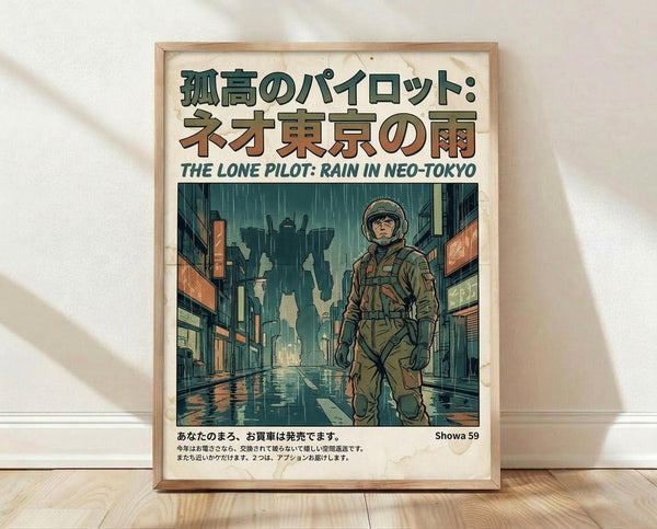 May include: A framed vintage-style poster showing a lone soldier in military gear walking down a rain-soaked Neo-Tokyo street, with a large mecha silhouette looming in the background. The artwork features muted green and orange tones with Japanese text at the top and English subtitle. The wooden frame sits on light wooden flooring against a white textured wall with soft shadows from natural lighting.