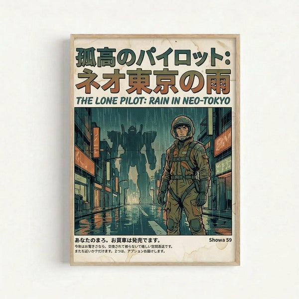 Framed poster showing a pilot in military gear walking through a rain-soaked Neo-Tokyo street. The artwork features muted green and orange tones with detailed cyberpunk architecture and falling rain effects. Japanese text appears at the top with English subtitle "The Lone Pilot: Rain in Neo-Tokyo" below. Additional Japanese text and "Showa 59" appear at the bottom. The poster is displayed in a light wooden frame against a white wall.