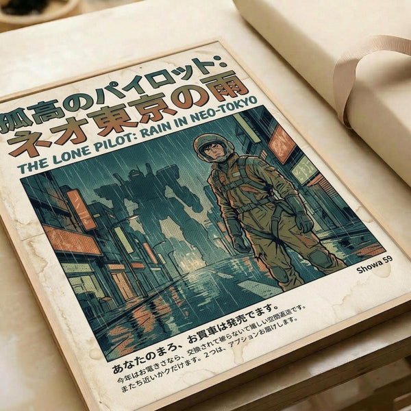 A vintage-style poster featuring a lone figure in military gear walking through a rainy cyberpunk cityscape with neon-lit buildings. The artwork has a retro Japanese manga aesthetic with muted green, orange, and teal colors. Japanese text appears at the top and bottom, with "THE LONE PILOT: RAIN IN NEO-TOKYO" in English. The poster is displayed on aged, yellowed paper within an open book or magazine, photographed on a light wooden surface.