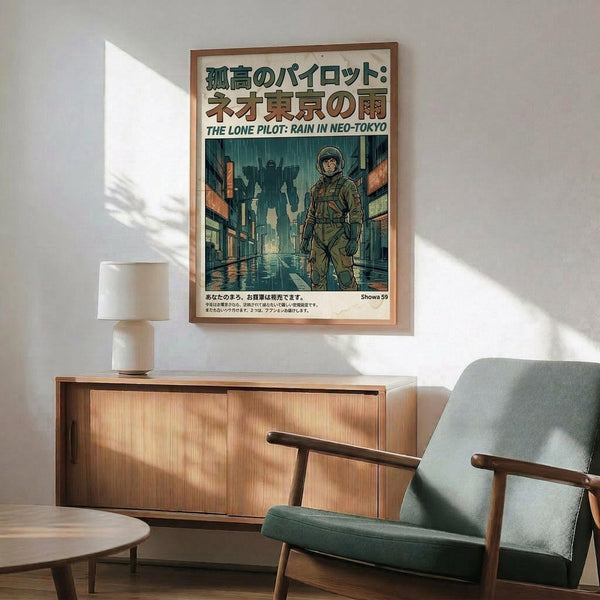 May include: Framed vintage-style poster showing a lone pilot in military gear walking through a rainy futuristic Tokyo street with towering mechs in the background, displayed above a mid-century modern wooden credenza with white ceramic lamp, next to a mint green upholstered armchair with wooden frame in a sunlit room with white walls.