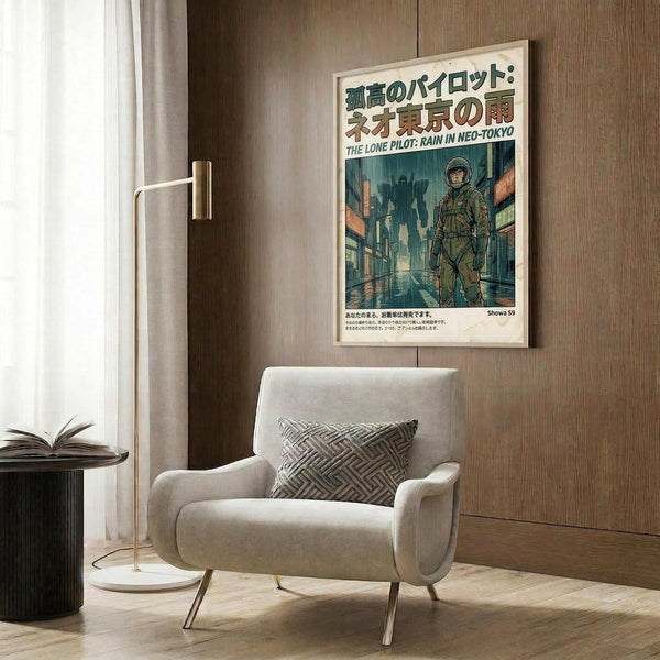 May include: Japanese anime-style poster mounted on wood paneled wall above beige upholstered armchair with geometric pillow. Poster shows helmeted pilot figure in green military gear standing on futuristic city street with mech silhouettes in background. Room features brass floor lamp, dark round side table with open book, white curtains, and warm wood tones throughout modern interior setting.