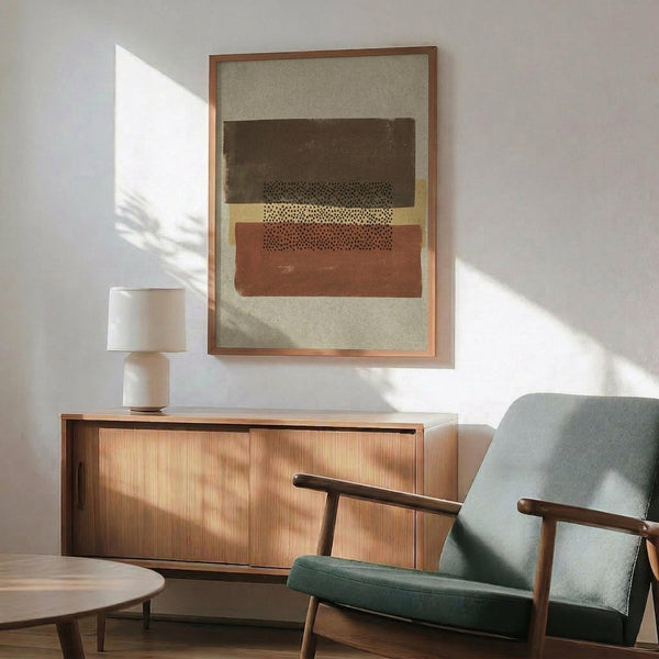 May include: Abstract geometric poster with earthy brown, rust orange, and cream horizontal bands featuring dotted pattern details, displayed in thin copper frame above mid-century modern walnut credenza. Sage green upholstered armchair with wooden arms sits beside round coffee table in bright, minimalist living room with white walls and natural sunlight creating geometric shadows.