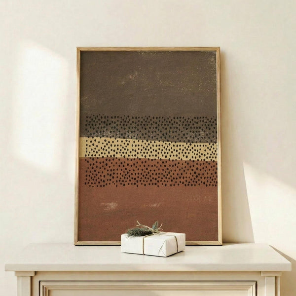 May include: Framed abstract art print with horizontal stripes in earth tones - dark brown at top, dotted pattern bands in gray and cream, solid rust orange at bottom. Light wood frame leaning against white wall on pale wooden surface. Small white wrapped gift box with evergreen sprig sits in front of artwork.