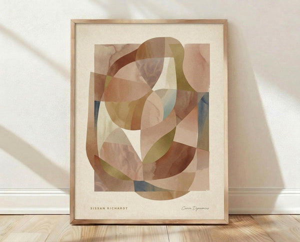 May include: Framed abstract art print with overlapping curved shapes in warm earth tones including terracotta, olive green, dusty blue, and cream. The geometric composition features translucent organic forms creating layered depth. Set in natural wood frame with cream matting, leaning against white textured wall on light wooden floor with soft natural lighting casting diagonal shadows.