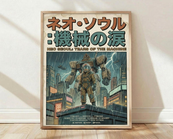 May include: Framed poster with retro sci-fi artwork featuring a large mechanical robot and small human figure standing on futuristic city rooftops during a thunderstorm. Japanese text in brown and teal colors at top, with cyberpunk cityscape below showing neon-lit buildings under dramatic lightning-filled sky. Natural wood frame displayed on light wooden floor against white textured wall with soft shadows.