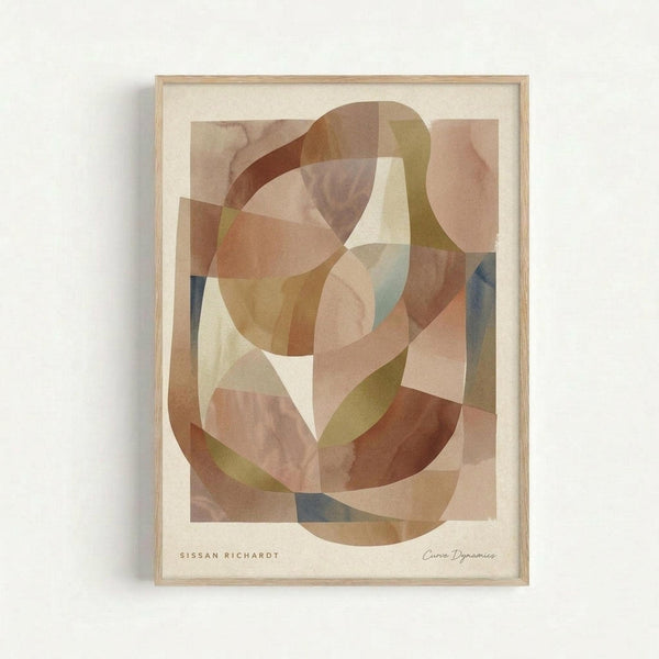 Abstract geometric artwork featuring overlapping curved and angular shapes in warm earth tones including terracotta, olive green, dusty pink, cream, and subtle blue accents. The translucent watercolor-style forms create layered intersections with varying opacity. Displayed in a light wood frame with white matting against a white wall. Artist name and title appear in small text at bottom of print.
