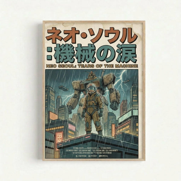 Framed poster artwork featuring a futuristic soldier in tactical gear standing on a rooftop overlooking a neon-lit cyberpunk cityscape during a thunderstorm. The illustration uses muted greens and browns with dramatic lighting from lightning bolts. Japanese and English text appears at the top in orange and teal colors. The poster is displayed in a light wooden frame against a white background, showing fine details of the dystopian urban environment with towering buildings and glowing signs.