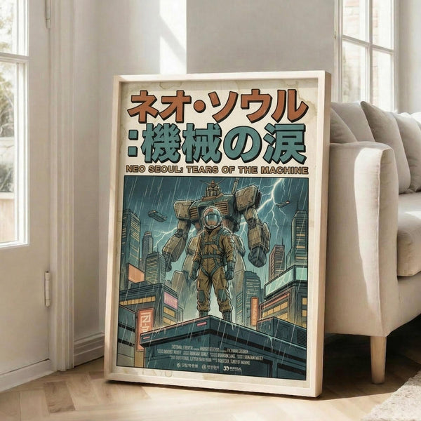 May include: Framed movie poster with Japanese text leaning against white wall next to beige sofa. Poster shows astronaut figure standing on futuristic cityscape with tall buildings under stormy sky with lightning. Artwork has vintage sci-fi aesthetic in muted greens and browns. Light wooden frame, positioned on hardwood floor in bright room with large windows.