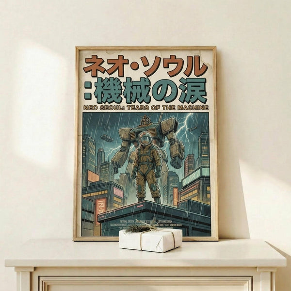 May include: Framed poster with Japanese text and English subtitle "Neo Seoul Tears of the Machine" displayed on light wood shelf. Artwork shows futuristic cityscape with tall buildings, rain, lightning, and figure in protective suit standing on rooftop. Muted blue and brown color palette with cyberpunk aesthetic. Small wrapped gift box sits in front of thin wood frame against white wall.