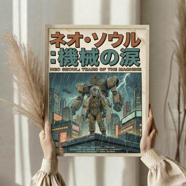 May include: Person in cream ruffled sleeves holding framed poster in light wood frame against white curtained window, with dried pampas grass visible on left. Poster shows large robot or mech suit standing in futuristic cityscape with skyscrapers, rain, and lightning in muted green and brown tones. Japanese and English text at top.