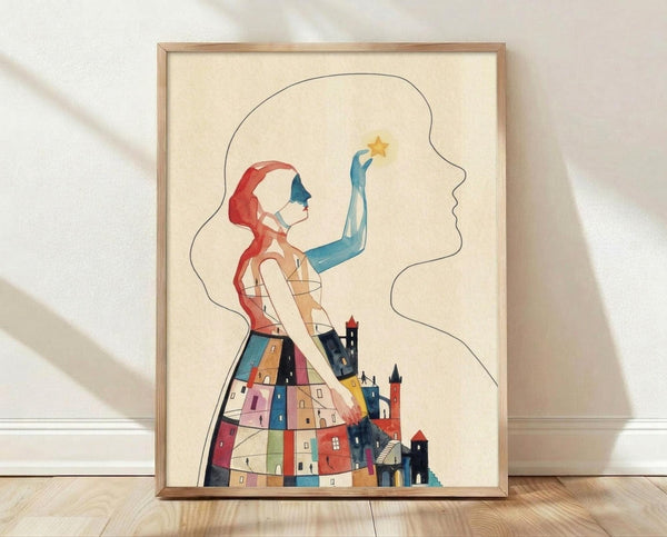 May include: Framed art print leaning against white wall on light wood floor. Features stylized illustration of figure with red flowing hair and blue arm reaching toward yellow star. Lower body transforms into colorful geometric buildings and houses in various colors including pink, blue, orange, and red. Cream background with thin wooden frame. Soft natural lighting creates gentle shadows on textured white wall.