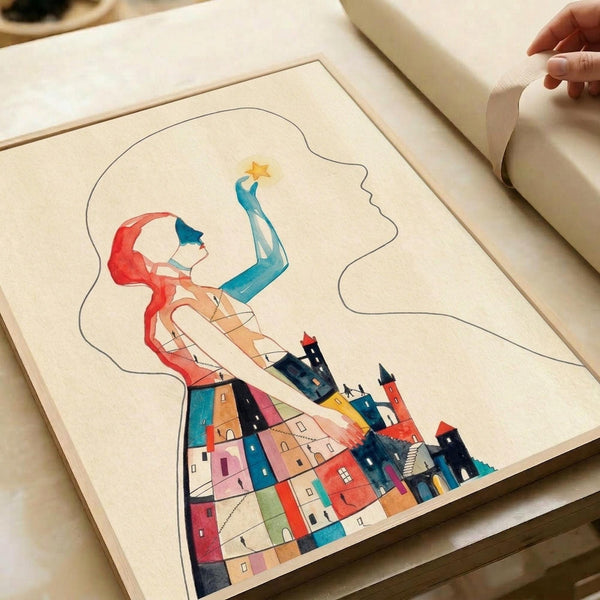 Whimsical watercolor illustration of a woman's silhouette filled with colorful geometric buildings and houses in vibrant blues, reds, yellows, and greens. She reaches upward toward a small golden star while her flowing red hair streams behind her. The artwork is displayed in an open sketchbook or art book on a cream-colored surface, with someone's hand visible turning the page. The drawing style is dreamlike and fantastical, blending architecture with human form in soft, translucent layers.