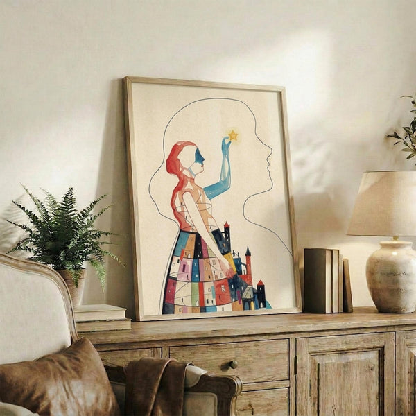 May include: Framed art print displayed on rustic wooden sideboard in neutral living room setting. Artwork features minimalist line drawing of woman's silhouette filled with colorful geometric buildings and houses, reaching toward yellow star. Woman has flowing red hair and blue arm. Warm beige background with natural wood frame. Scene includes fern plant, leather chair, ceramic vase, and stacked books for scale reference.