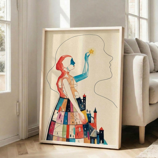 May include: Framed abstract art print leaning against beige armchair in bright living room with white walls and large windows. Artwork features stylized female figure with red flowing hair reaching toward yellow star, her dress composed of colorful geometric buildings and houses in blues, reds, oranges, and greens. Minimalist line drawing style on cream background in light wood frame.