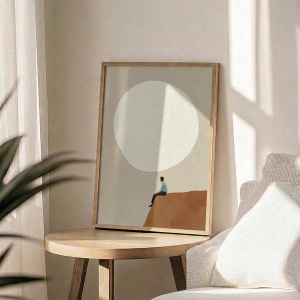 May include: Minimalist art print in wooden frame showing small figure sitting on geometric orange shape beneath large white circle on beige background, displayed on round wooden side table next to beige upholstered chair with plant leaves visible, natural lighting creating soft shadows on neutral wall