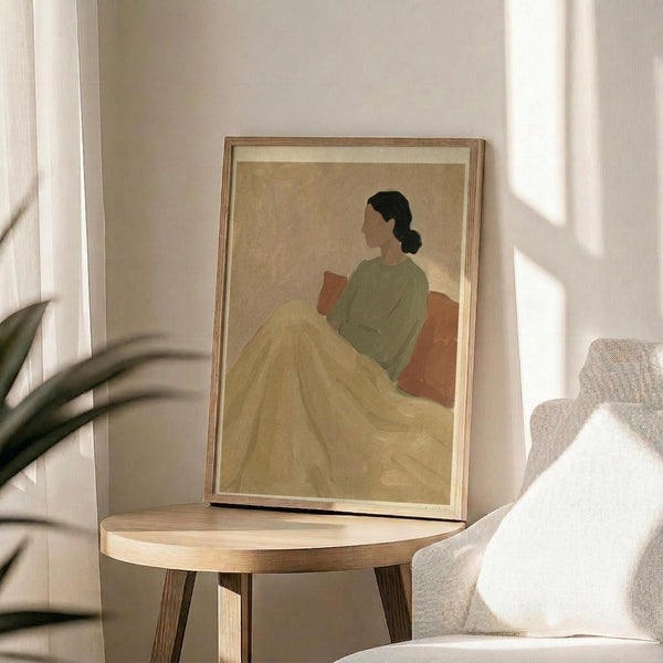May include: Framed art print showing a woman in profile sitting against orange pillows, wearing a sage green top and cream-colored flowing skirt or blanket, with dark hair in a low bun. The minimalist illustration uses warm earth tones against a beige background. The wooden-framed print sits on a round light wood side table next to a beige upholstered chair, with plant leaves visible and natural sunlight creating soft shadows on white walls.