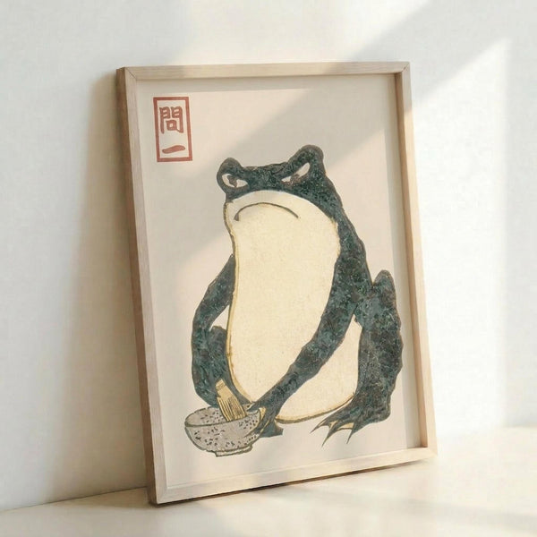 May include: Framed vintage Japanese woodblock print featuring a green and cream colored frog sitting upright with a melancholy expression, displayed in a light wooden frame against a white wall. The print shows traditional Japanese art style with red characters in the upper left corner and muted earth tones throughout.